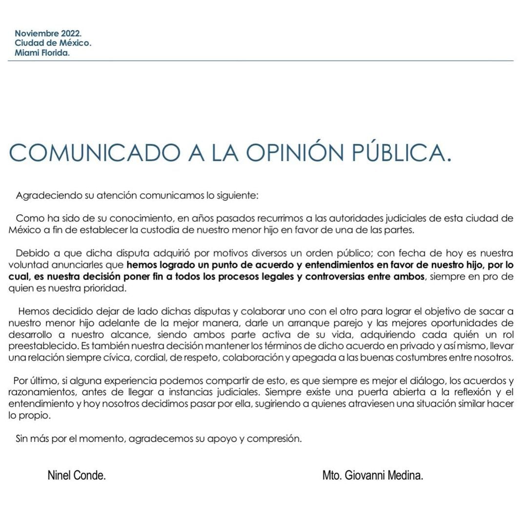 Acuerdo de Ninel Conde y Giovanni Medina para custodia de su hijo.