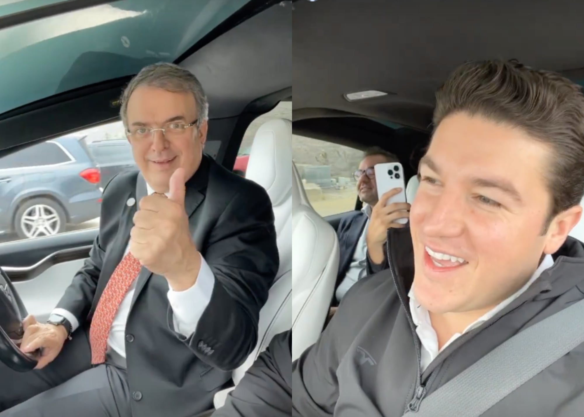 Samuel García le presta a Marcelo Ebrard el Tesla de Mariana Rodríguez para paseo mañanero