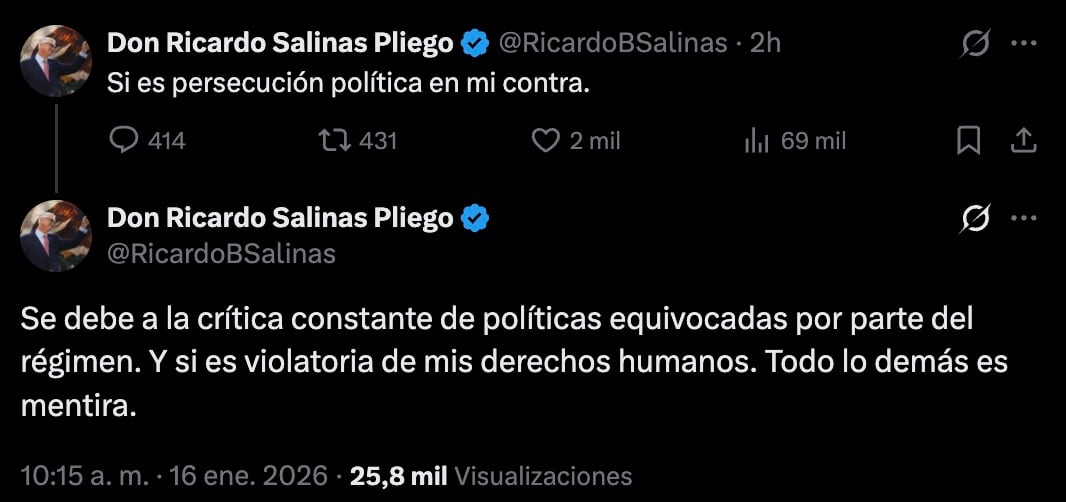 Ricardo Salinas Pliego reitera persecución política en su contra