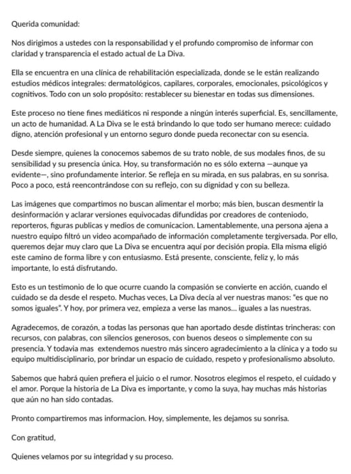 La Diva Indigente ingresa a clínica de rehabilitación