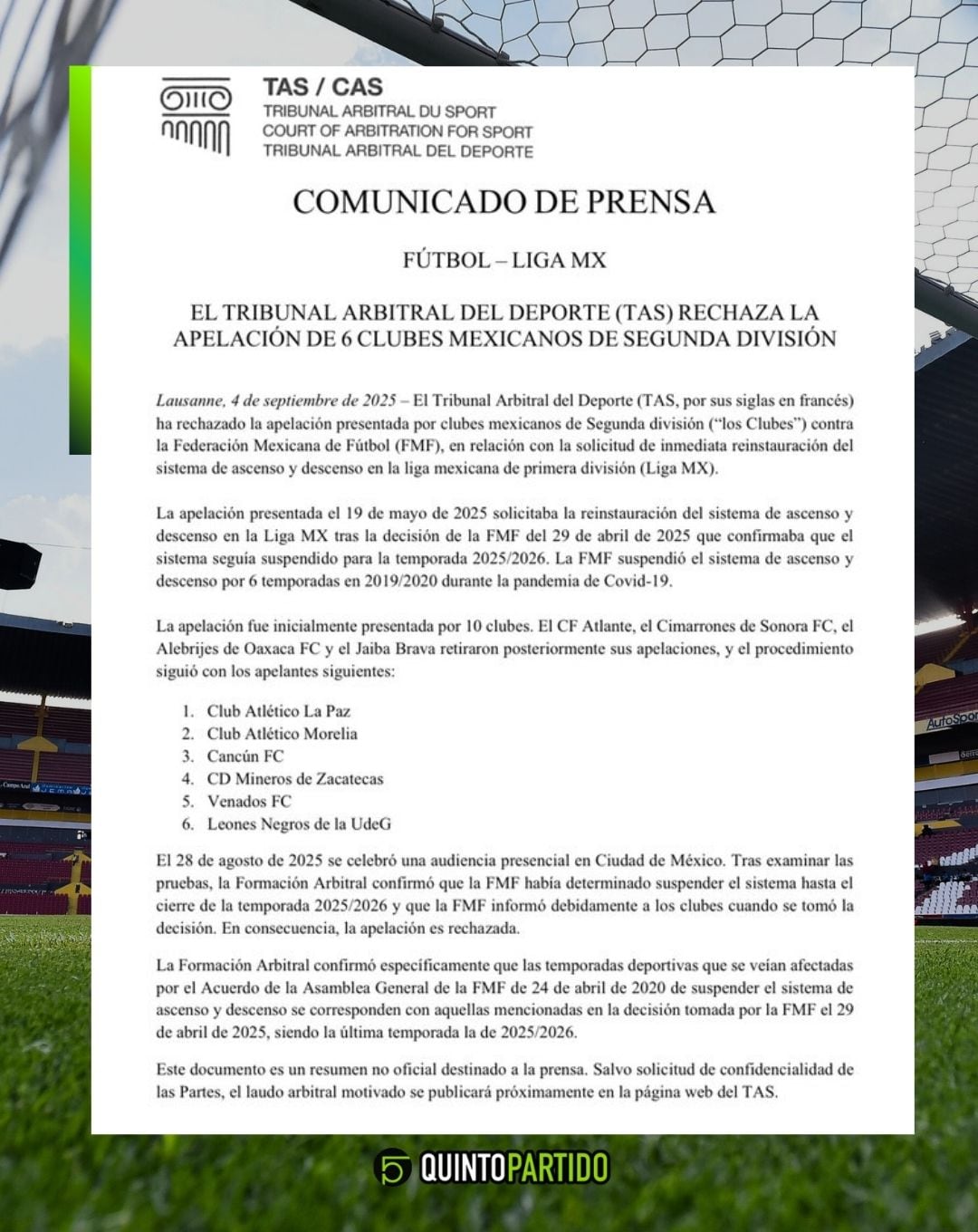 El fallo del TAS sobre el ascenso y descenso en la Liga MX.