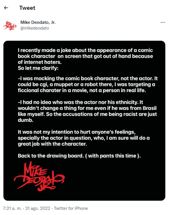 Mike Deodato Jr. pide disculpas por su "broma" hacia Tenoch Huerta