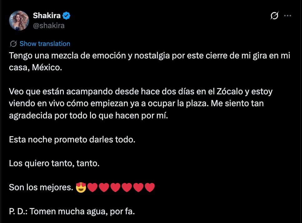 Shakira manda mensaje previo a su show en el Zócalo de la CDMX