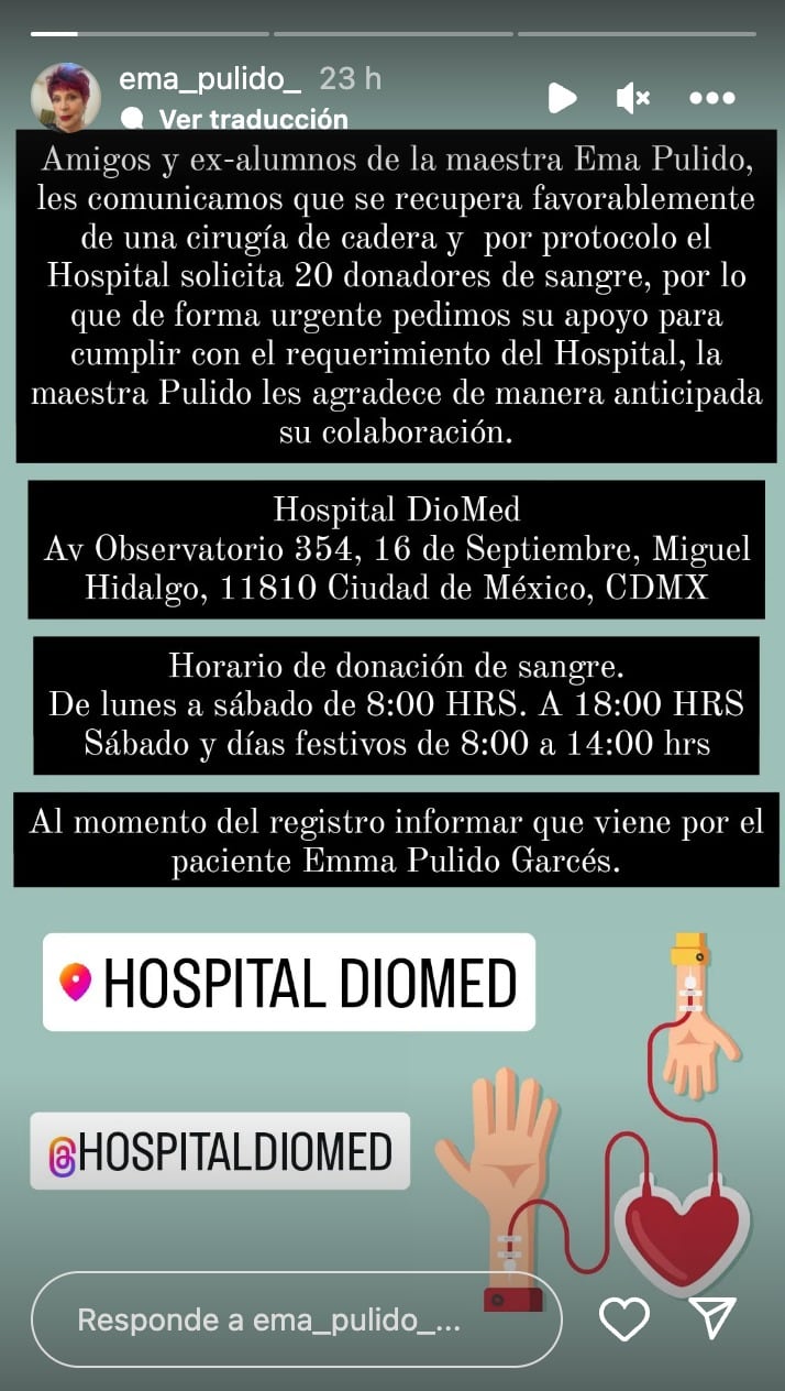 Ema Pulido necesita 20 donadores de sangre tras someterse a una cirugía de cadera