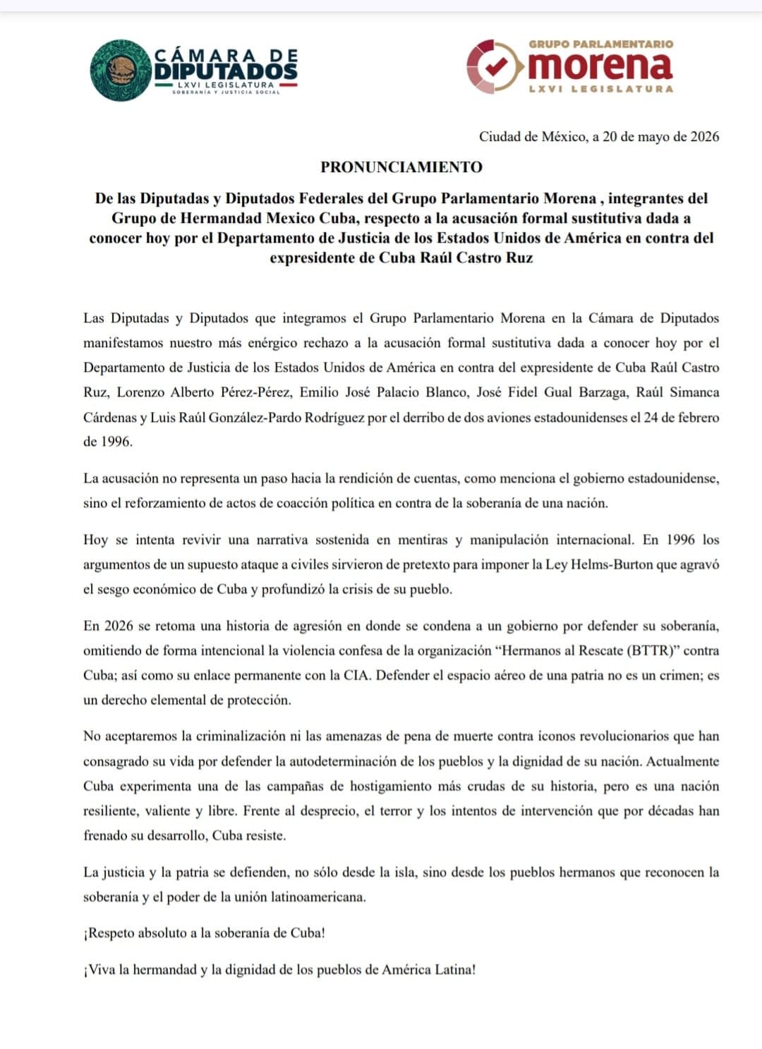 Christopher Landau cuestiona respaldo de Morena a Raúl Castro