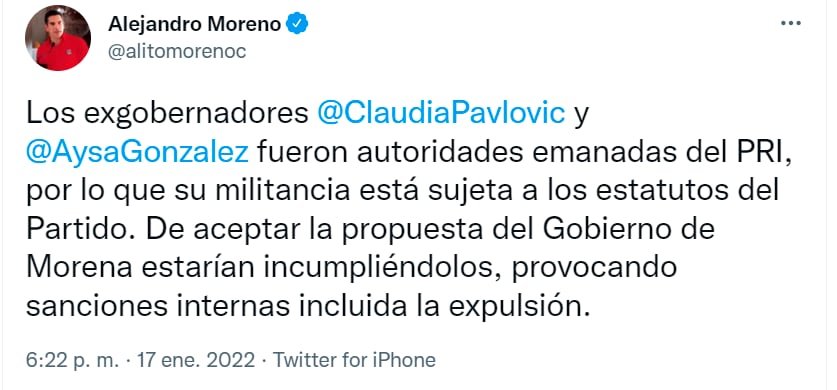 Tuit de Alejandro Moreno, dirigente nacional del PRI