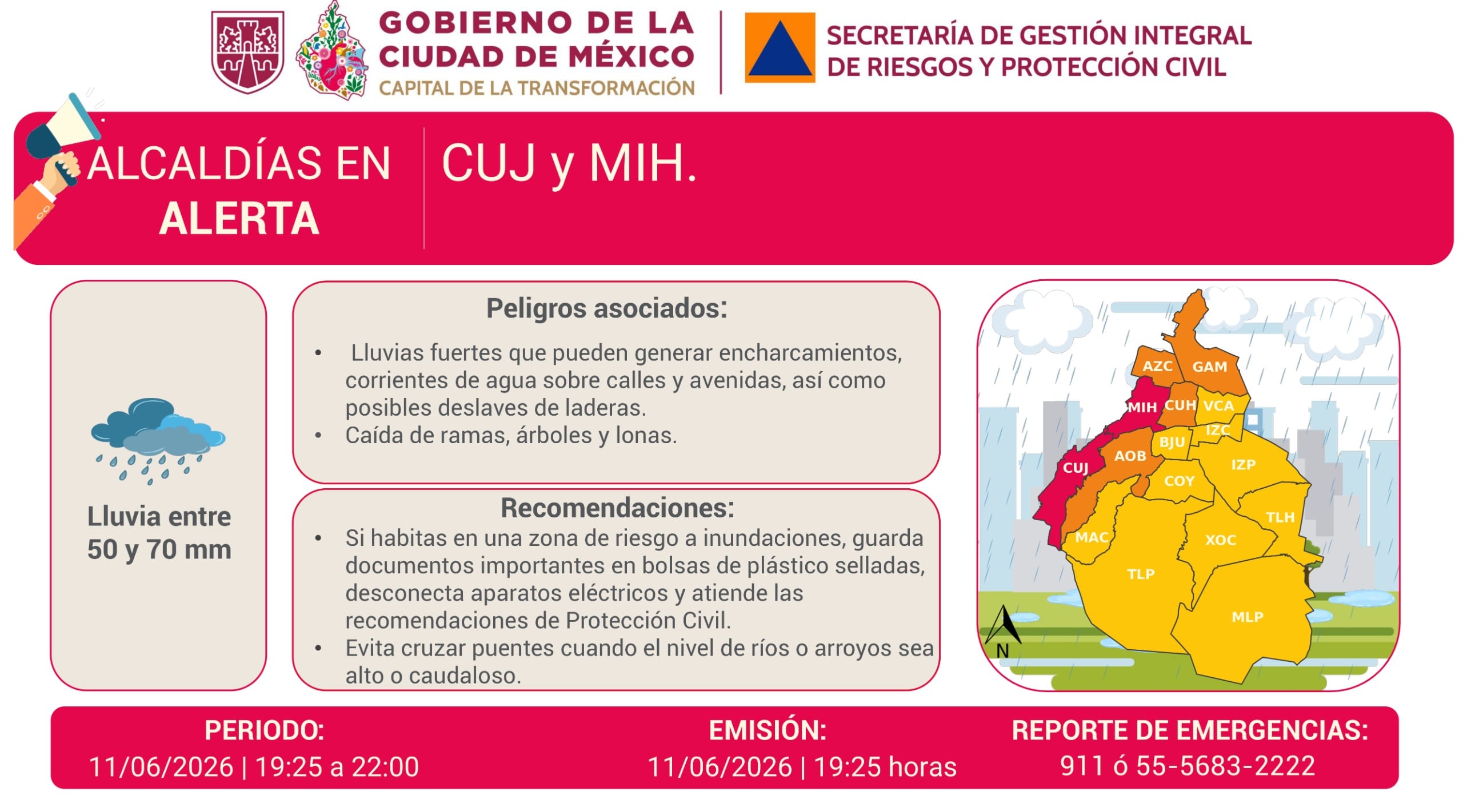 Alerta Roja por lluvias en 2 alcaldías de CDMX