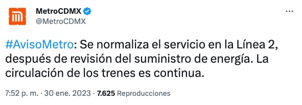 Metro afirma que se reanudó el servicio en la Línea 2