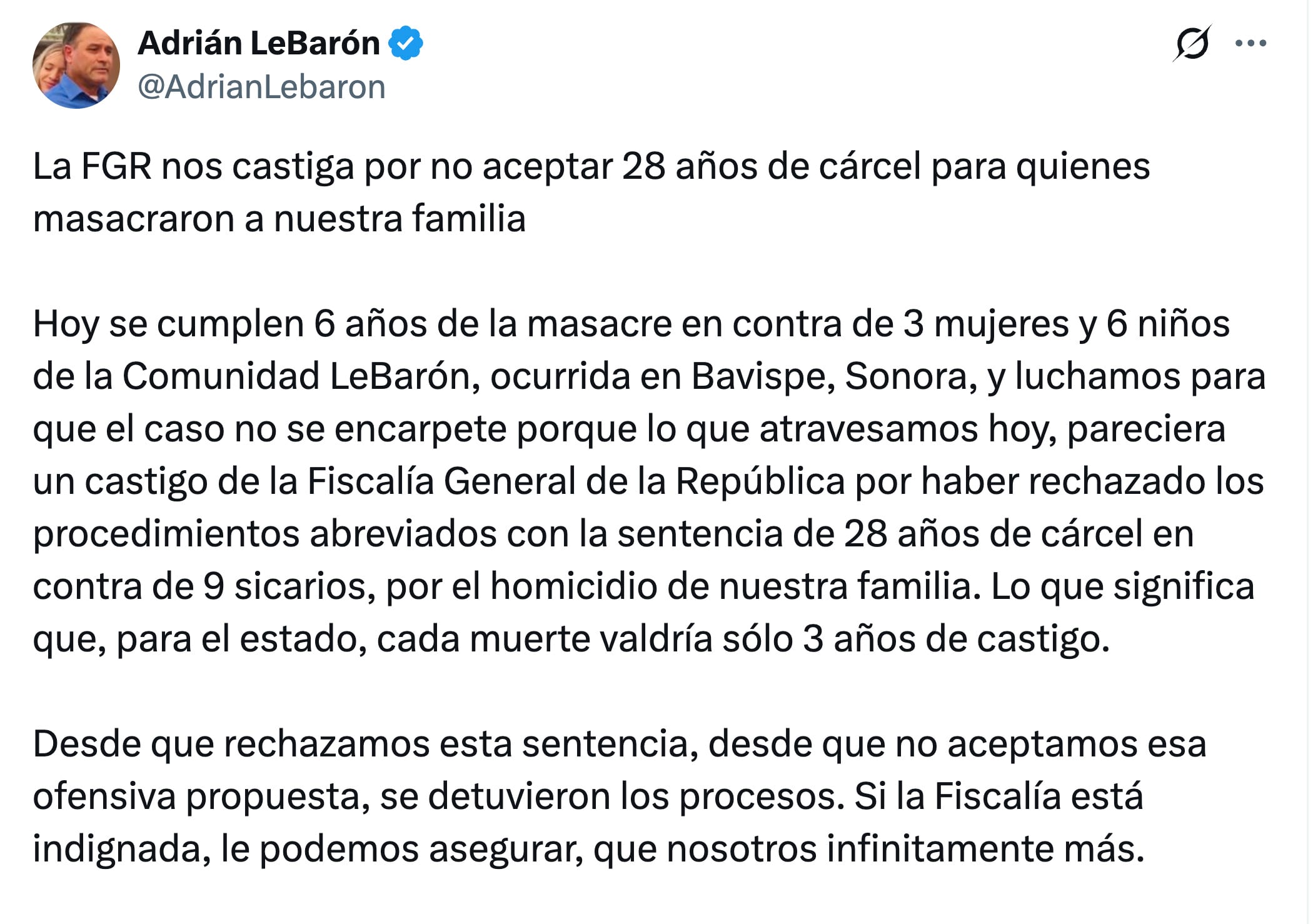 Adrián LeBarón exige justicia a 6 años de la masacre de Bavispe