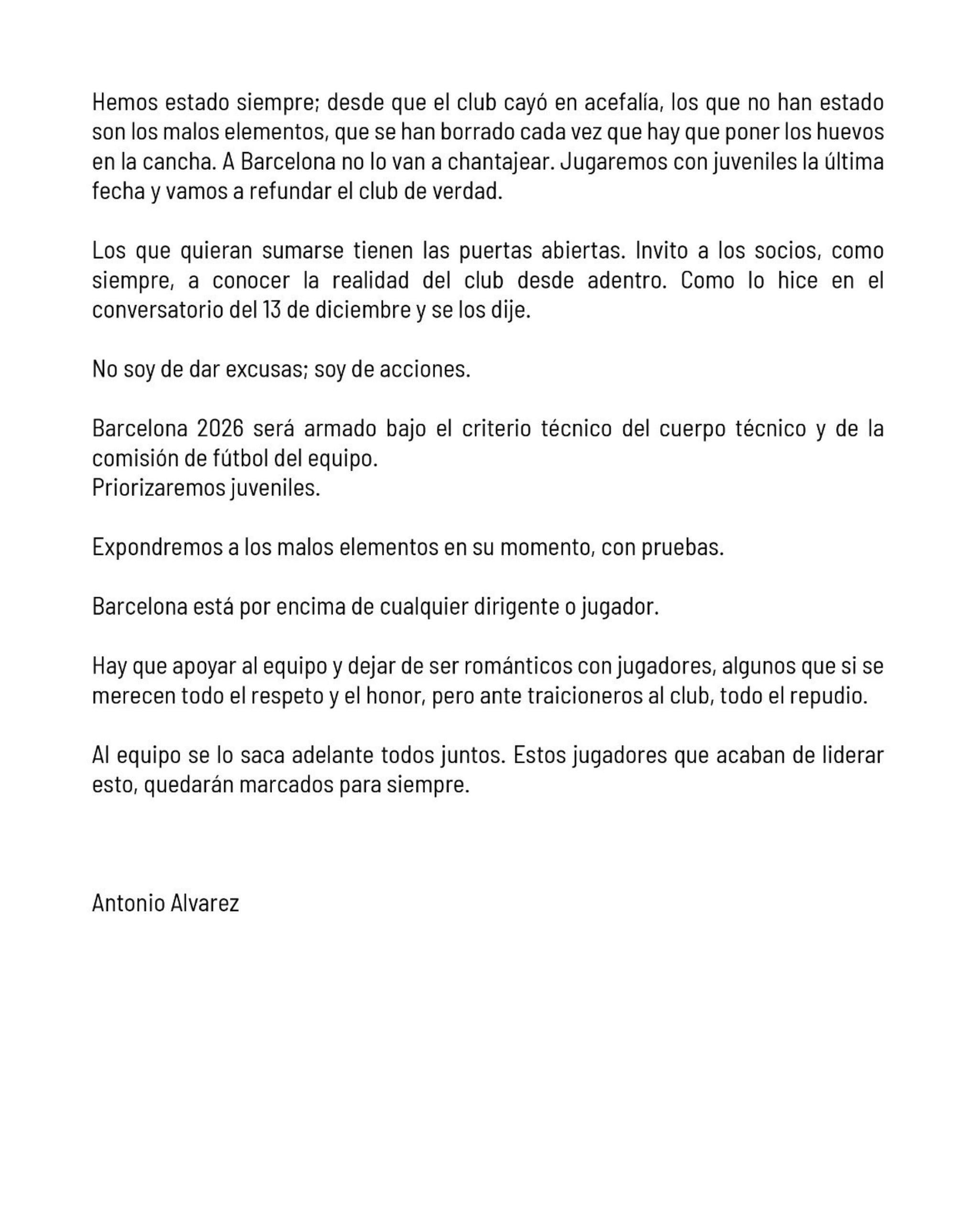 Comunicado de Antonio Álvarez.