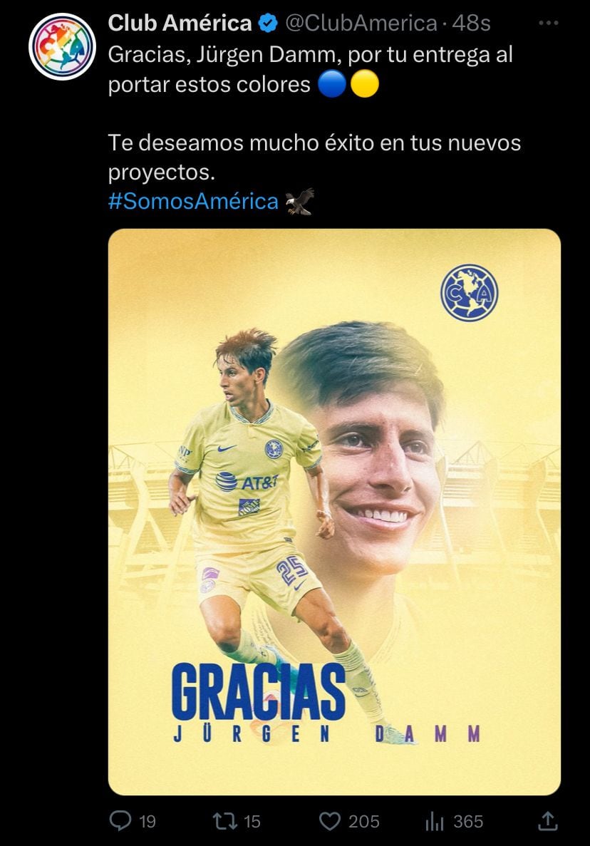 El Club América se despidió de Jürgen Damm en redes sociales.