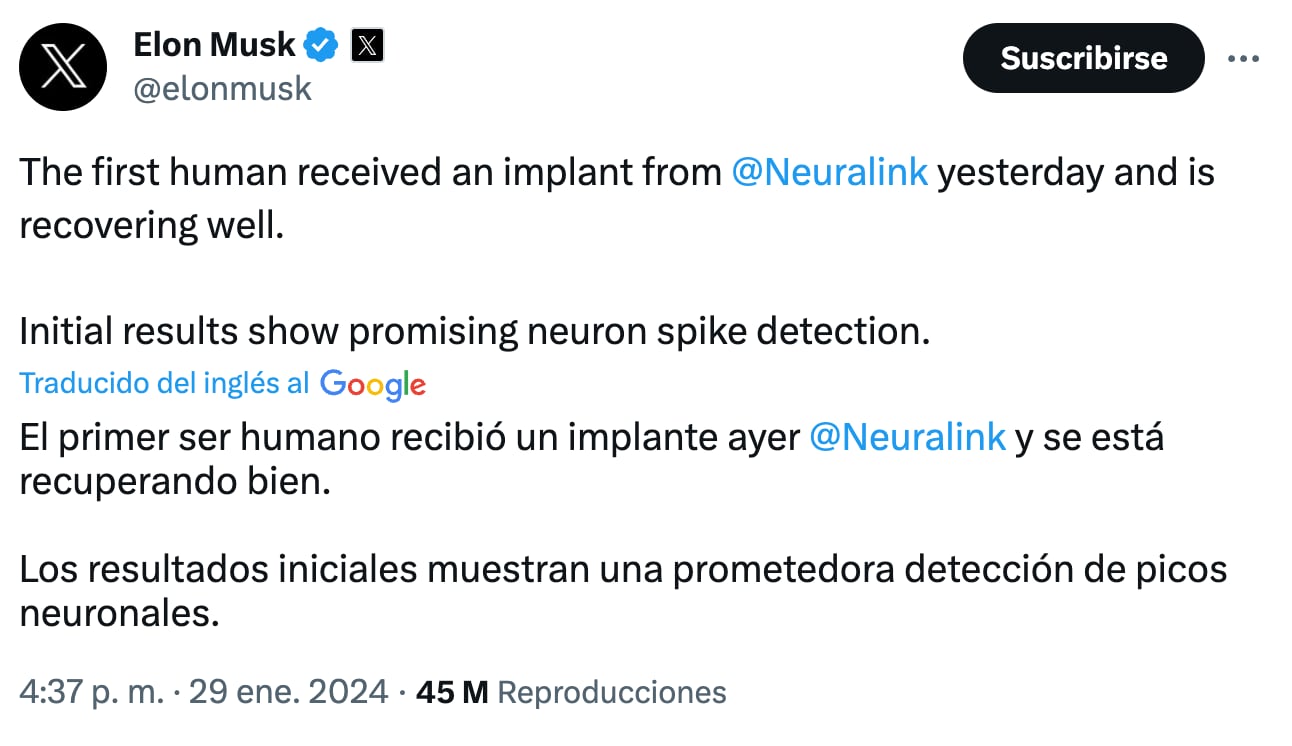 El domingo 28 de enero de 2024 se instaló el primer chip cerebral en un humano