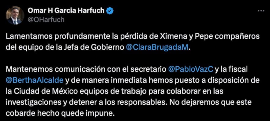 Omar García Harfuch sobre el asesinato de Ximena Guzmán