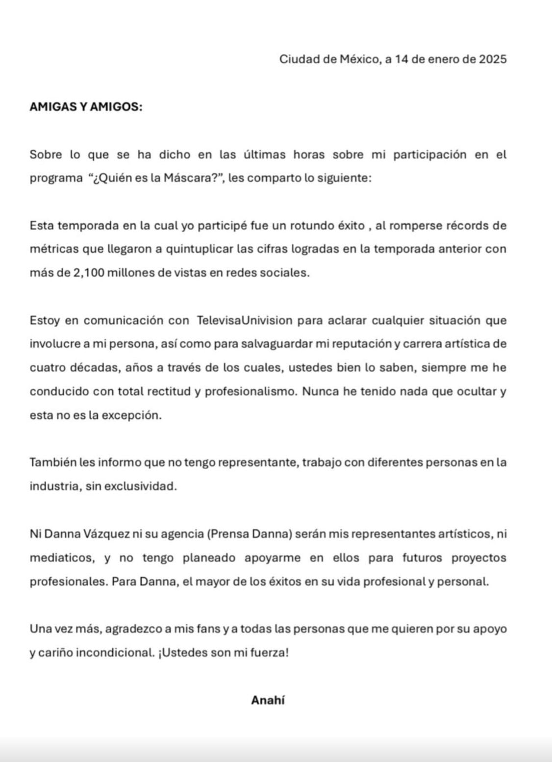 Comunicado de la demanda de TelevisaUnivision vs Anahí que fue desechada