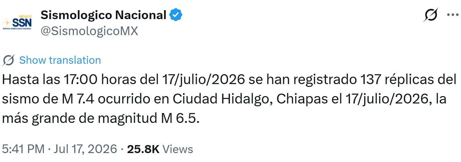 Van 137 réplicas tras el sismo en Chiapas; la más fuerte fue de magnitud 6.5