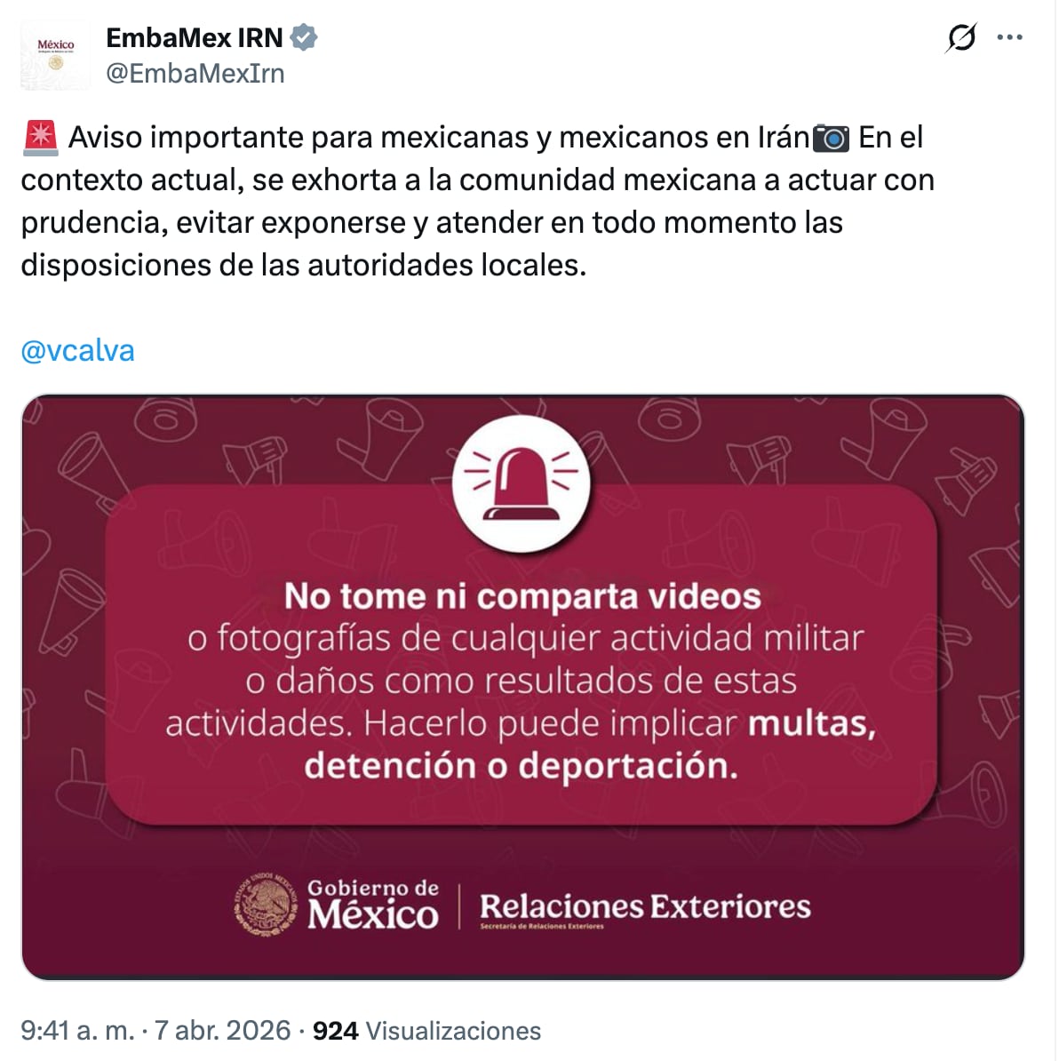 Embajada de México en Irán lanza recomendaciones a connacionales