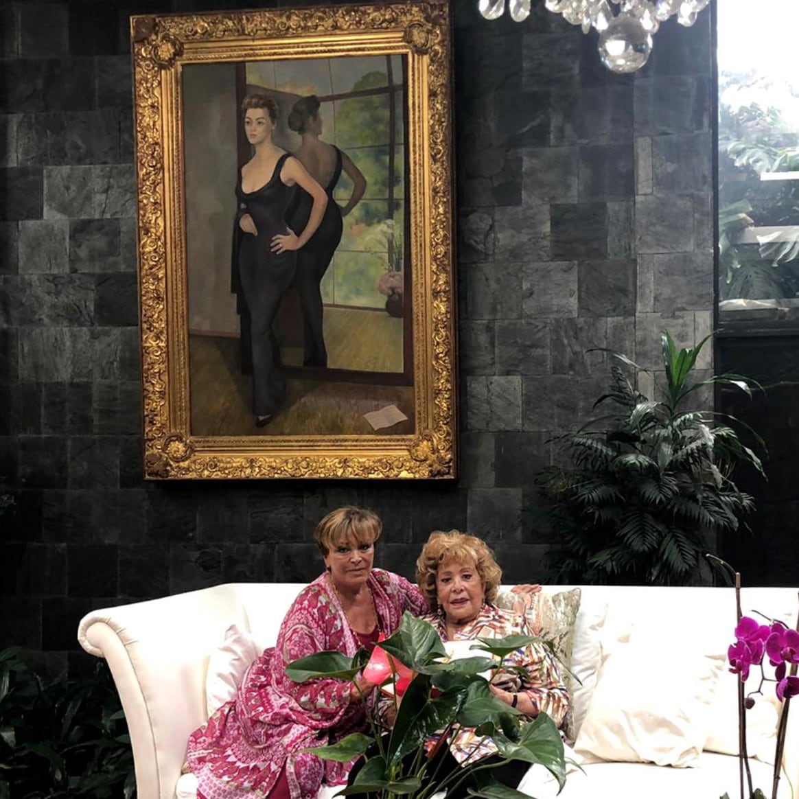 Sylvia Pasquel y Silvia Pinal, con retrato de fondo