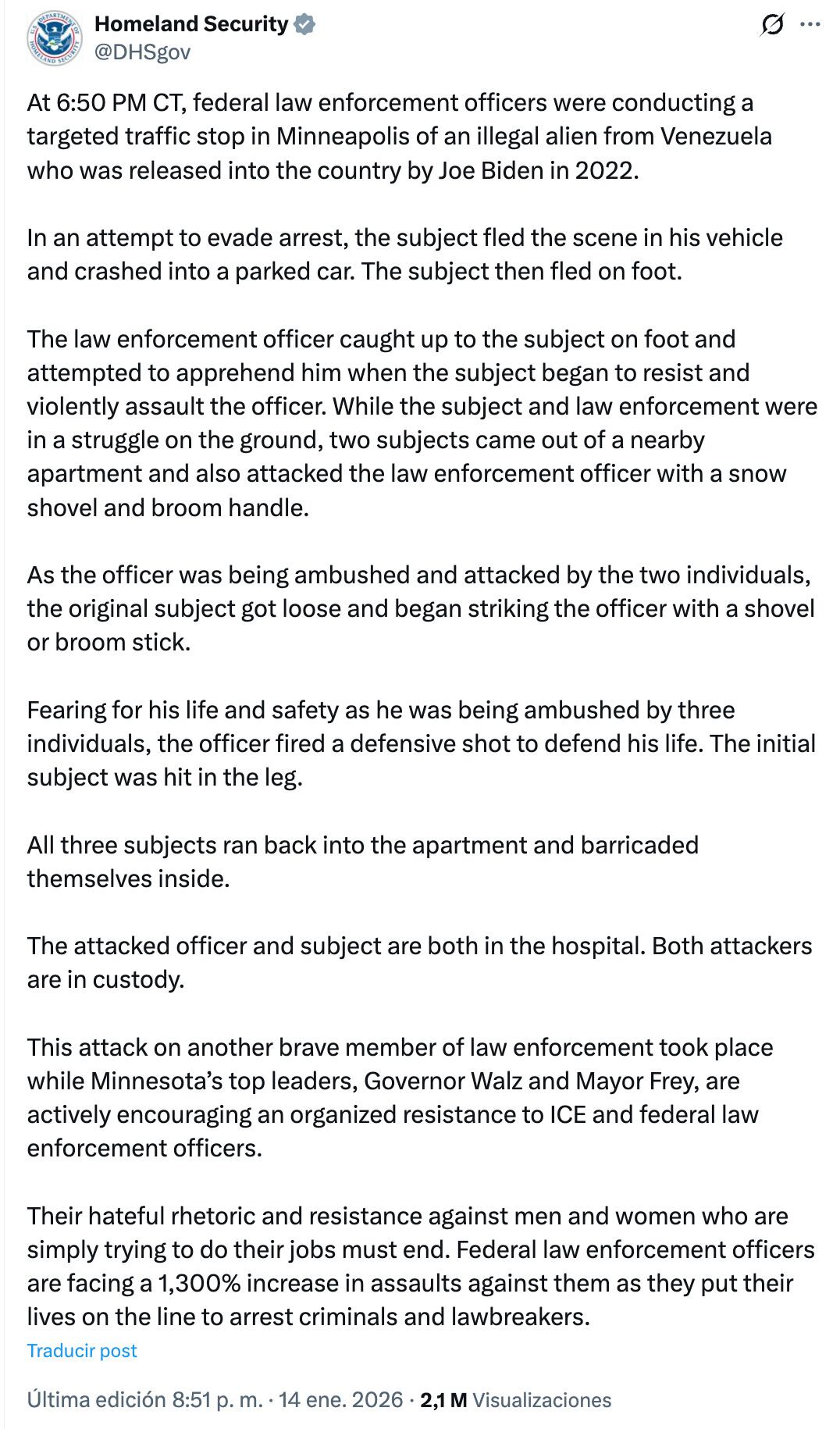 El Departamento de Seguridad Estados Unidos justifica al agente federal que disparó al migrante venezolano