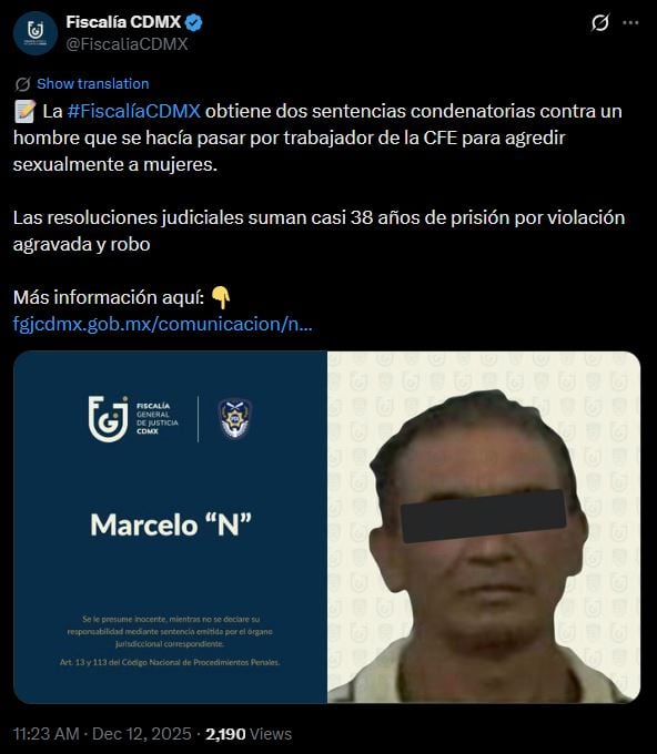 Fiscalía CDMX obtiene sentencias de prisión contra falso empleado de CFE por abuso sexual