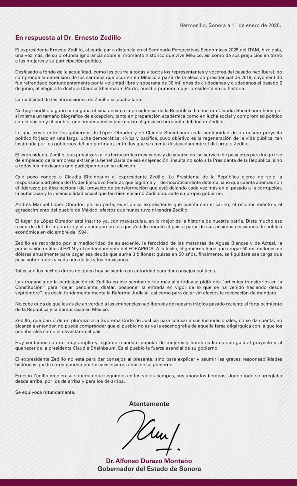 Alfonso Durazo defiende al gobierno de Claudia Sheinbaum frente a críticas de Ernesto Zedillo