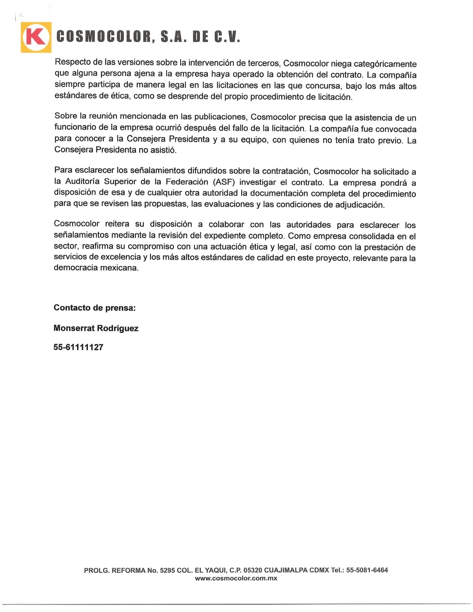 Cosmocolor pide a la ASF investigar contrato de credenciales del INE