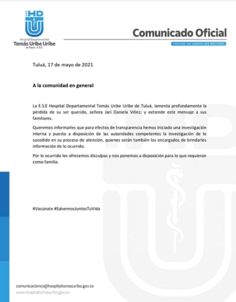 Comunicado del hospital Tomás Uribe Uribe.