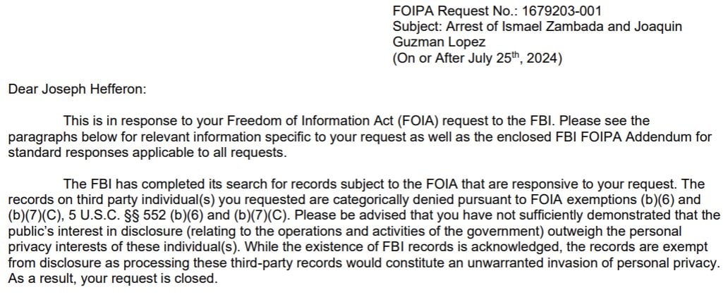 Estados Unidos rechaza solicitud FOIA sobre la detención de El Mayo Zambada