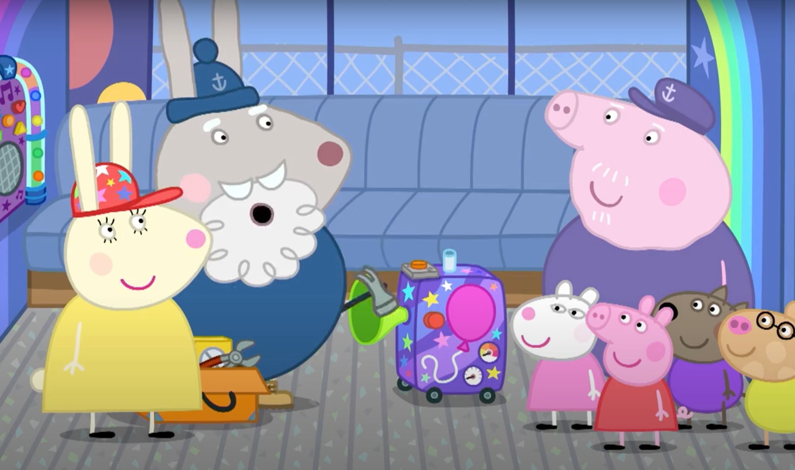 El abuelo Conejo repara el autobús de fiesta en el capítulo de Peppa Pig