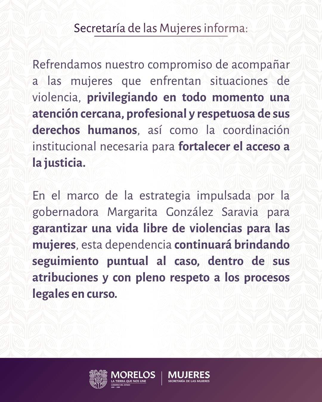 Secretaría de Mujeres de Morelos acompaña a Paula Fajardo en su denuncia.