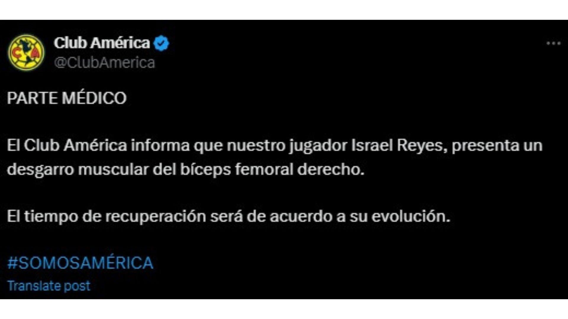 Club América informó lesión de Israel Reyes.