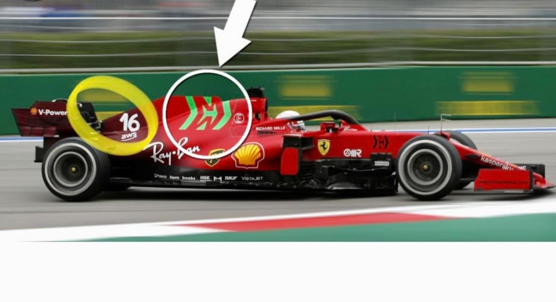 En el círculo amarlllo, aws, la companía de Jeff Bezos. En la flecha la marca escondida de Philp Morris/Scudería Ferrari