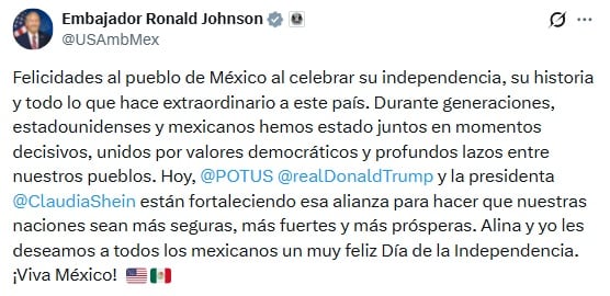 “Extraordinario país”: Ronald Johnson envía mensaje por la Independencia de México