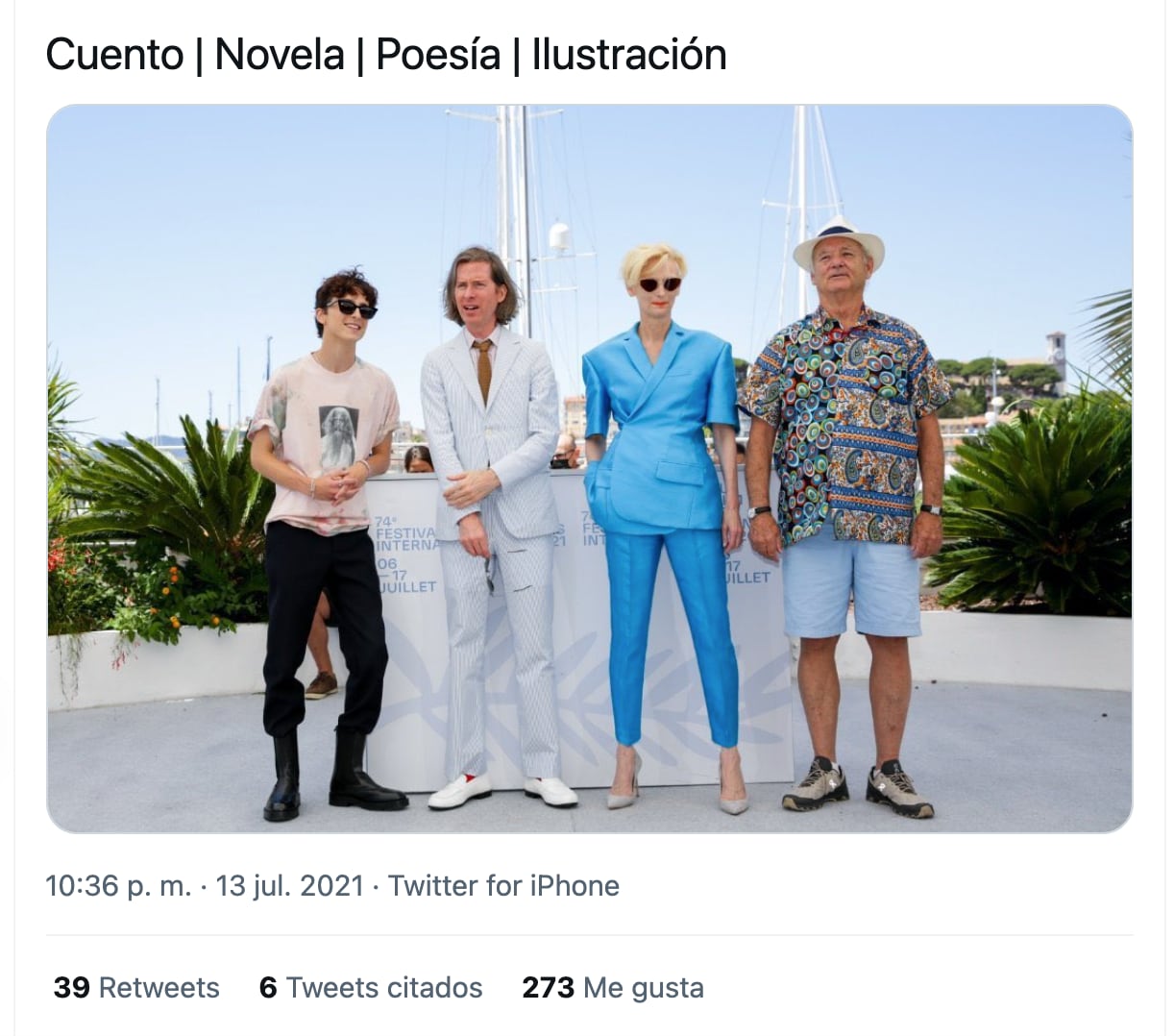 Timothée Chalamet, Wes Anderson, Tilda Swinton y Bill Murray