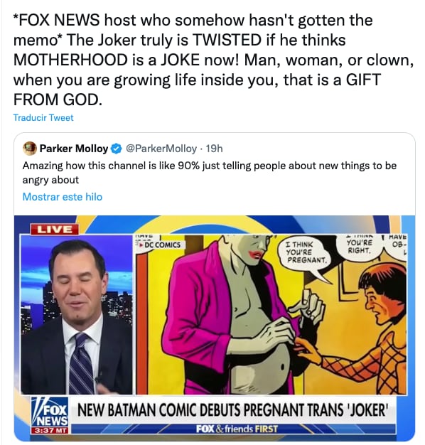 Joker embarazado exhibe transfobia en Fox News