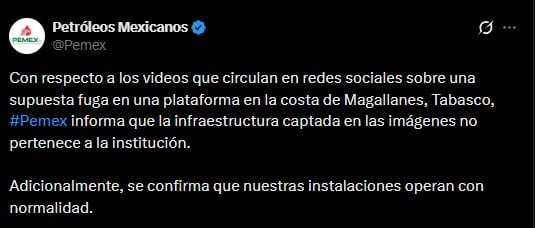 Pemex niega que fuga en Costa de Magallanes, Tabasco sea de sus plataformas