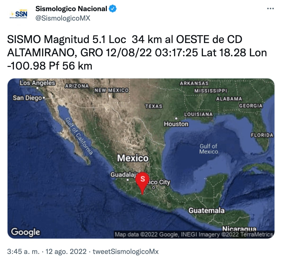 ¿A qué hora fue el sismo de hoy? Esto informó el Servicio Sismológico Nacional la madrugada del 12 de agosto de 2022