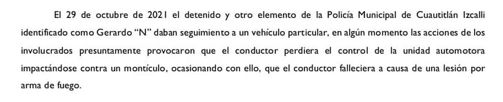 Parte del comunicado FGJEM sobre policía detenido por la muerte de Octavio Ocaña.