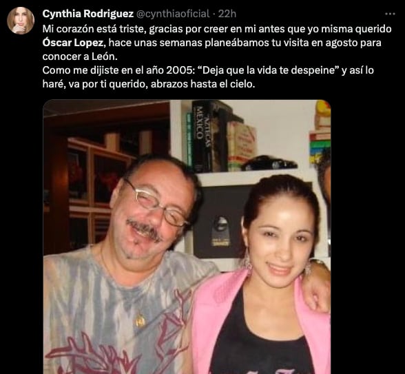 Cynthia Rodríguez lamenta la muerte de Óscar López