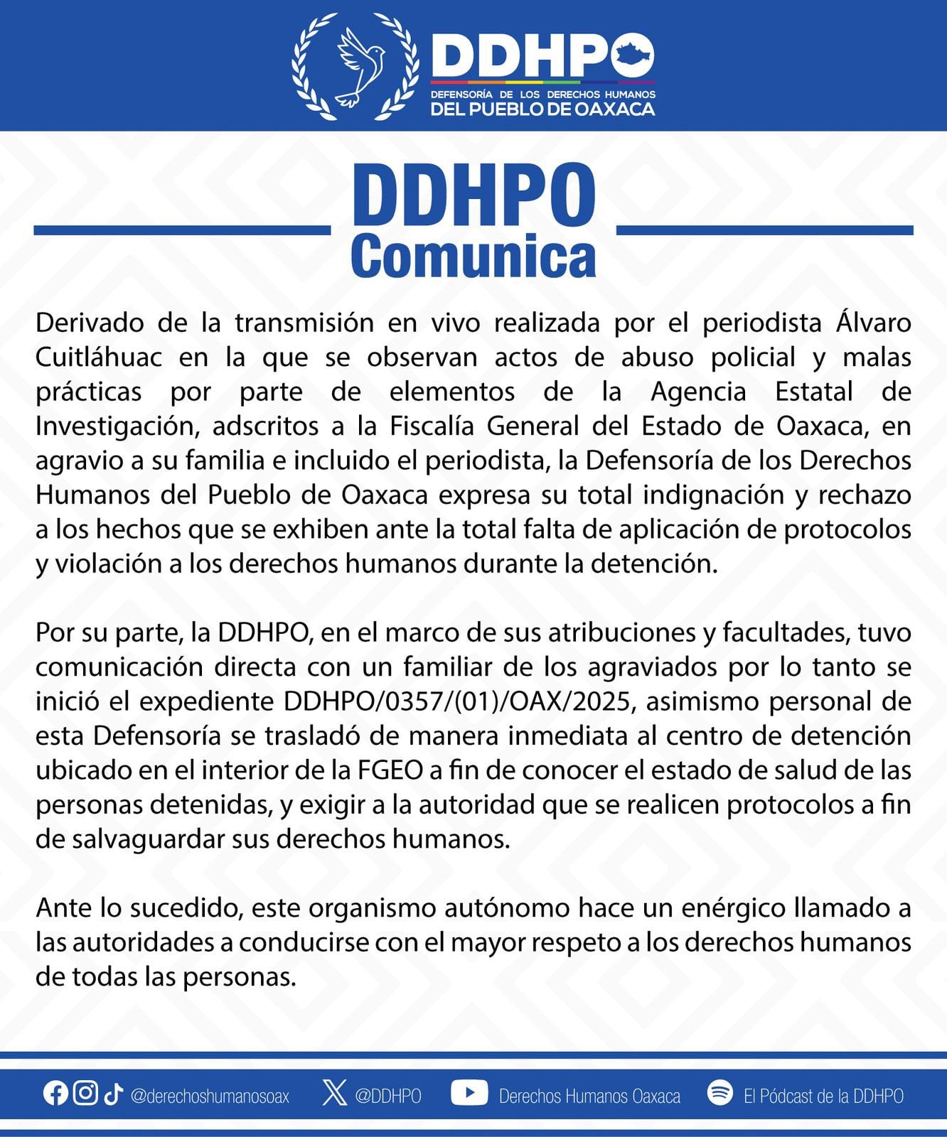 Derechos Humanos de Oaxaca se pronuncia tras detención arbitraria del periodista Álvaro Cuitláhuac López