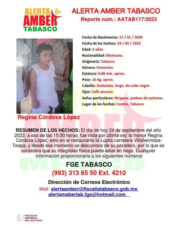 Desaparece Regina en Villahermosa, Tabasco