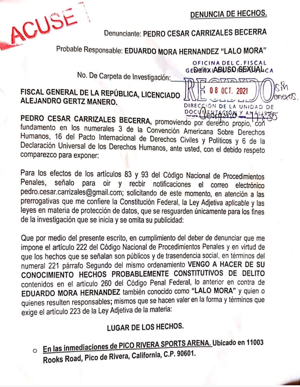 Denuncia presentada por El Mijis contra Lalo Mora