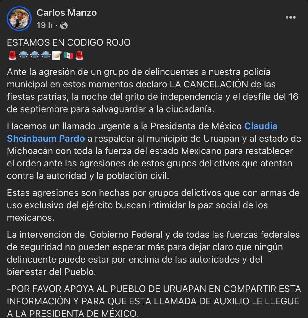Carlos Manzo, alcalde de Uruapan, anuncia cancelación del Grito de Independencia