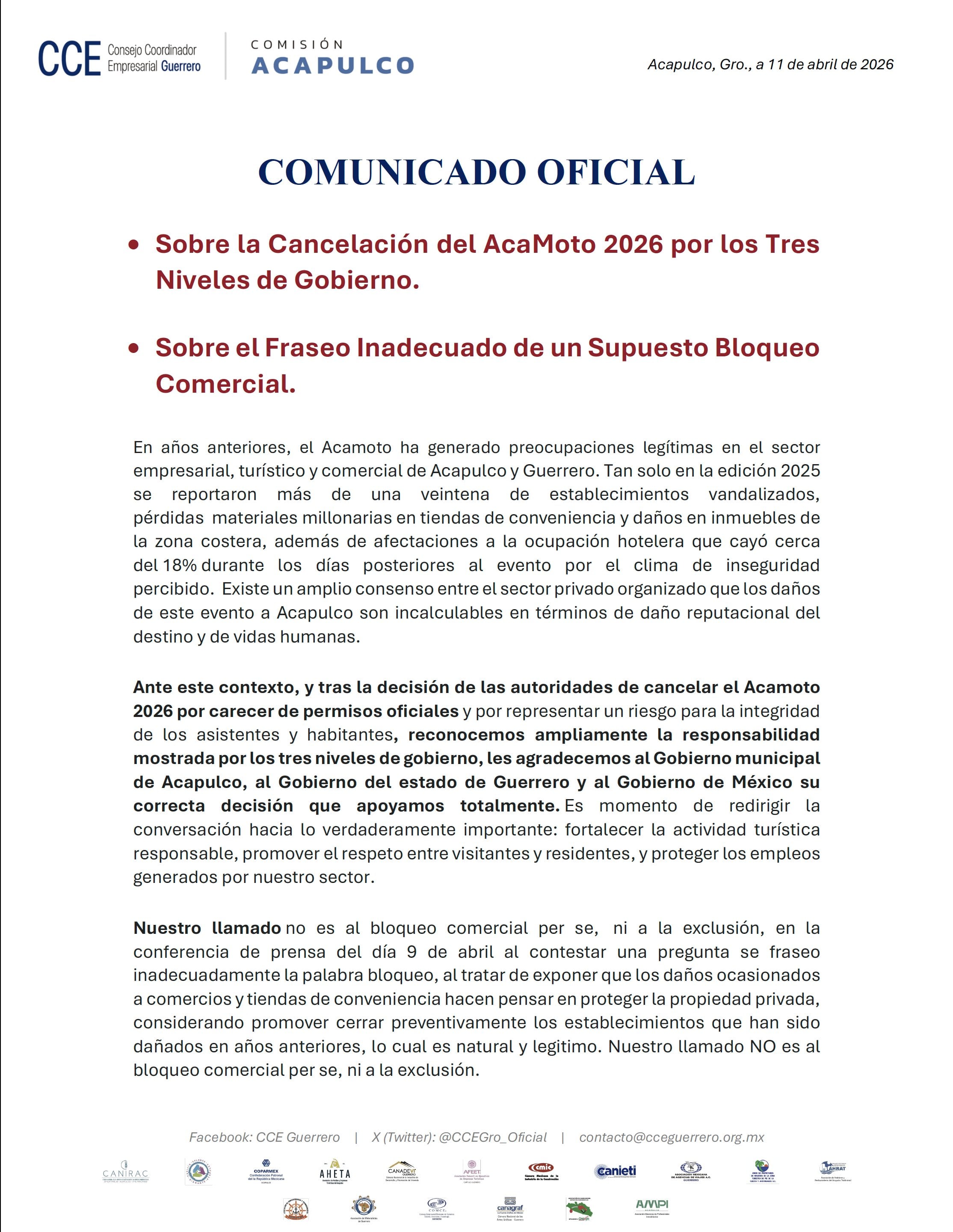 CCE Guerrero respalda cancelación de Acamoto 2026