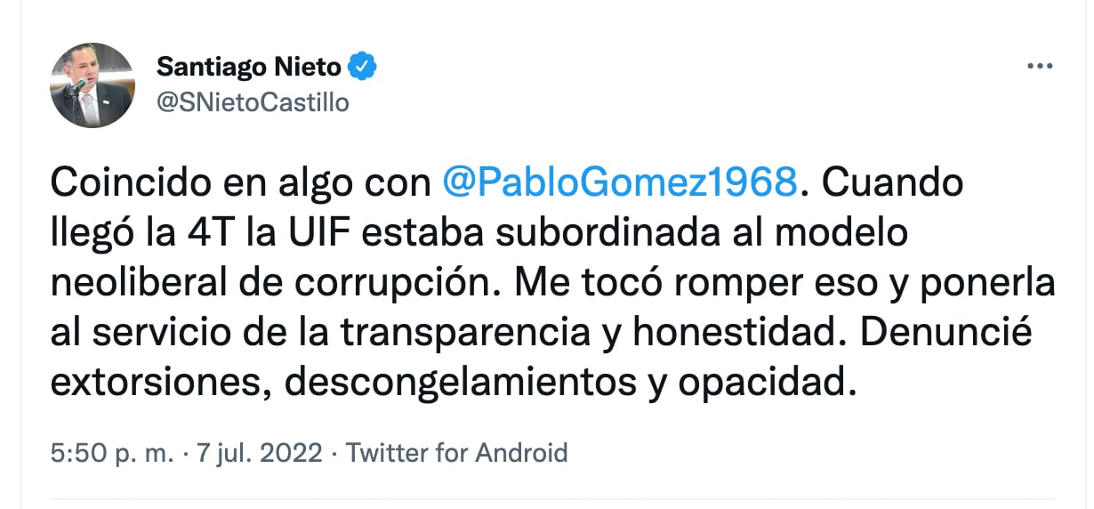 Santiago Nieto responde a Pablo Gómez