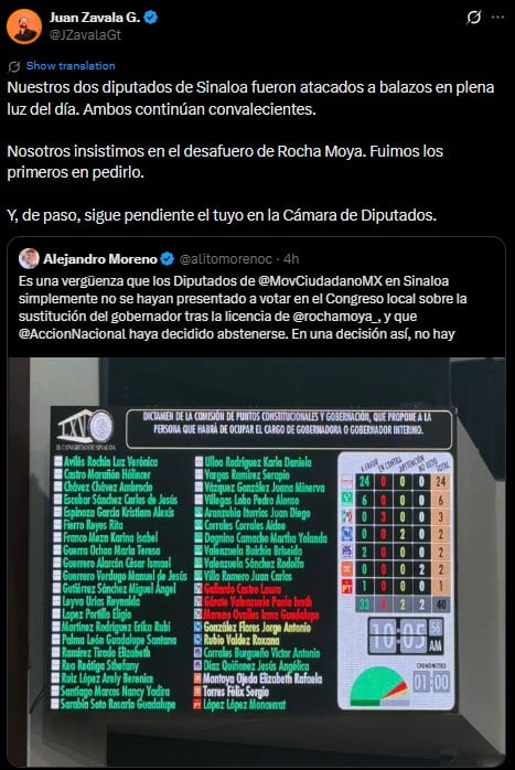MC responde a Alito Moreno por inasistencia de sus diputados en Sinaloa