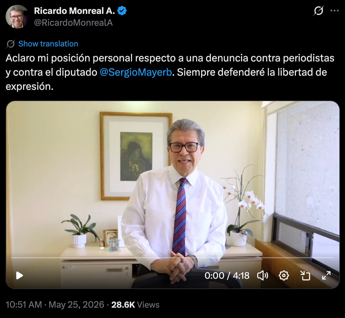 Monreal condena denuncia contra Sergio Mayer y cuatro periodistas