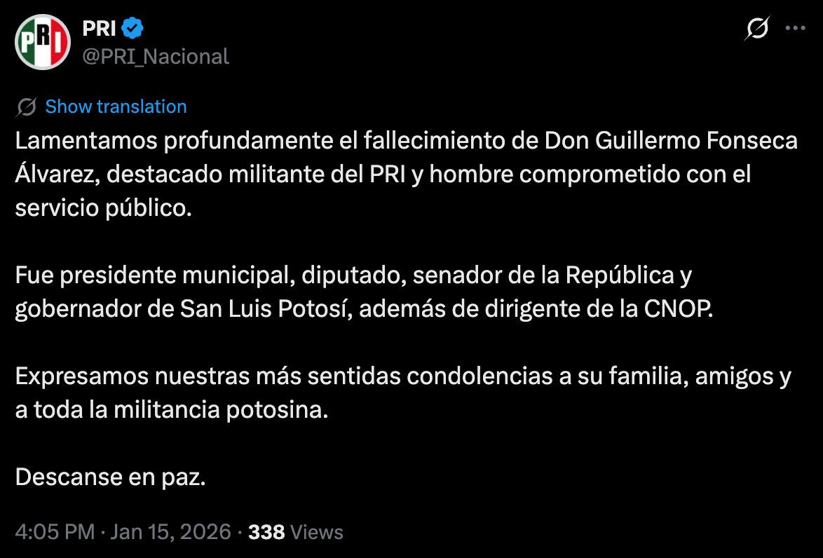 Muere Guillermo Fonseca Álvarez, exgobernador de San Luis Potosí