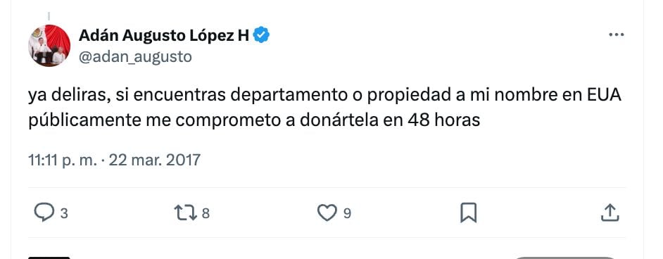 Adán Augusto López negó en 2017 tener propiedades Estados Unidos