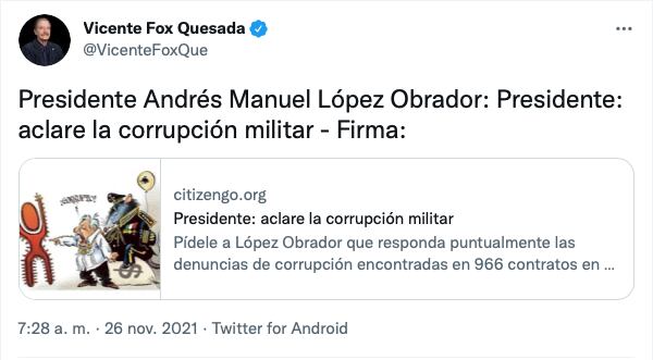 Tuit De Vicente Fox donde pide firmar en contra de AMLO y el AIFA/@VicenteFoxQue