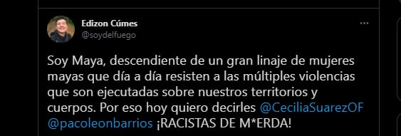 Tweet sobre comentarios racistas de Cecilia Suárez y Paco León.
